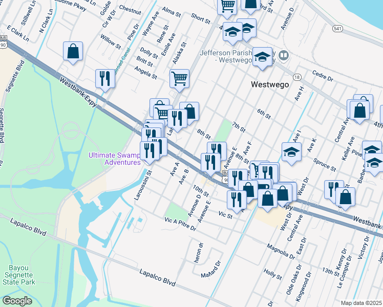 map of restaurants, bars, coffee shops, grocery stores, and more near 963 Avenue B in Westwego