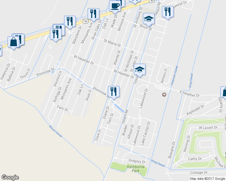 map of restaurants, bars, coffee shops, grocery stores, and more near 325 Saint Anthony Street in Luling