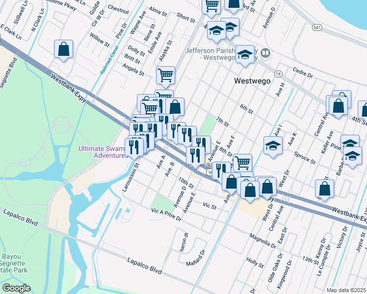 map of restaurants, bars, coffee shops, grocery stores, and more near 963 Avenue B in Westwego