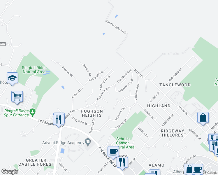 map of restaurants, bars, coffee shops, grocery stores, and more near 210 Craddock Avenue in San Marcos