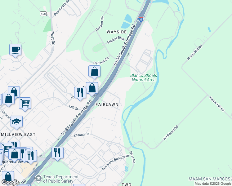 map of restaurants, bars, coffee shops, grocery stores, and more near 1003 Hackberry Street in San Marcos