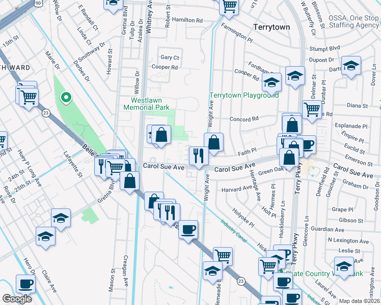 map of restaurants, bars, coffee shops, grocery stores, and more near 1645 Carol Sue Avenue in Terrytown