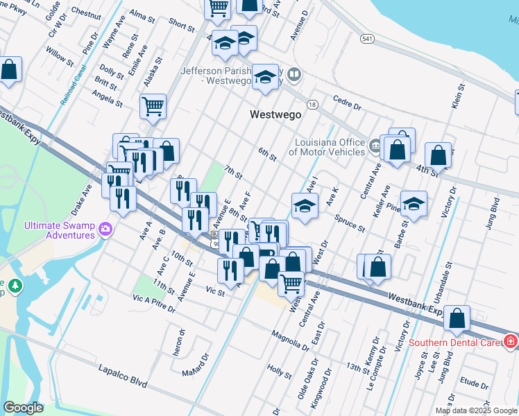 map of restaurants, bars, coffee shops, grocery stores, and more near 855 Avenue F in Westwego