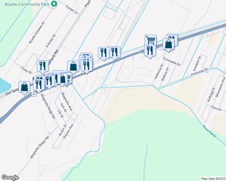 map of restaurants, bars, coffee shops, grocery stores, and more near 305 River Ridge Drive in Boutte