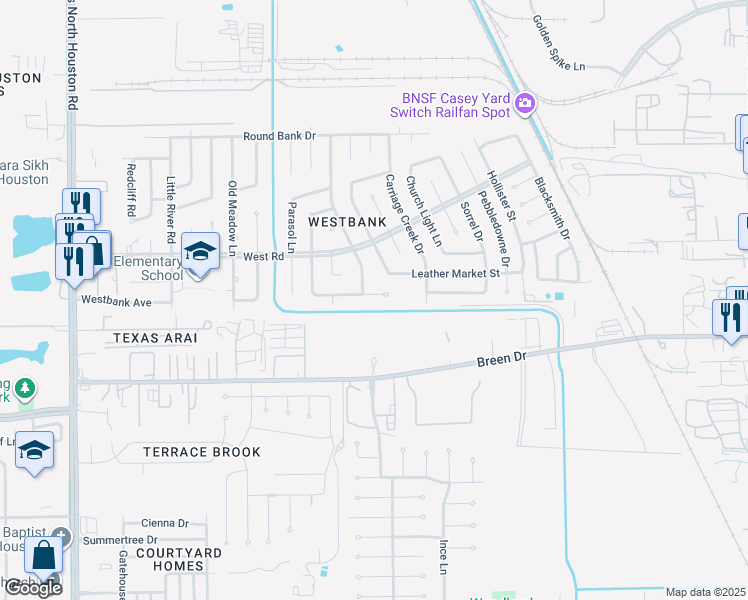 map of restaurants, bars, coffee shops, grocery stores, and more near 7727 Westbank Avenue in Houston