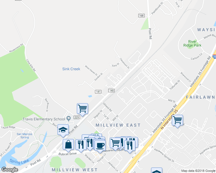map of restaurants, bars, coffee shops, grocery stores, and more near 1617 Post Road in San Marcos