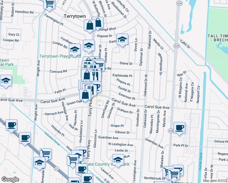 map of restaurants, bars, coffee shops, grocery stores, and more near 2111 Emerson Street in Terrytown