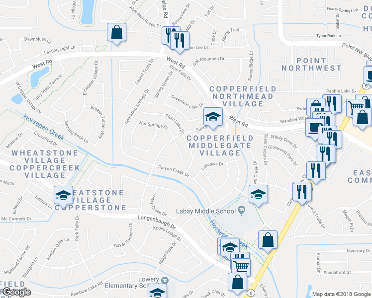 map of restaurants, bars, coffee shops, grocery stores, and more near 8315 Plum Lake Drive in Houston