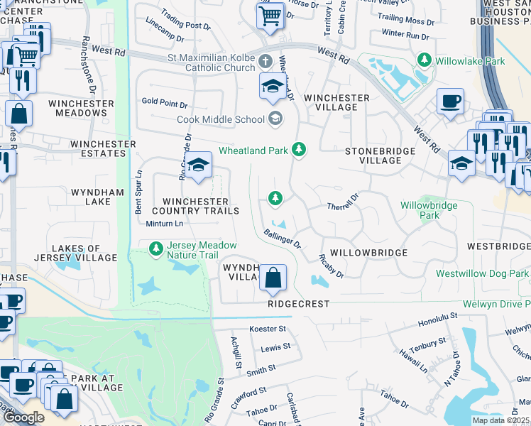 map of restaurants, bars, coffee shops, grocery stores, and more near 8826 Ballinger Drive in Houston