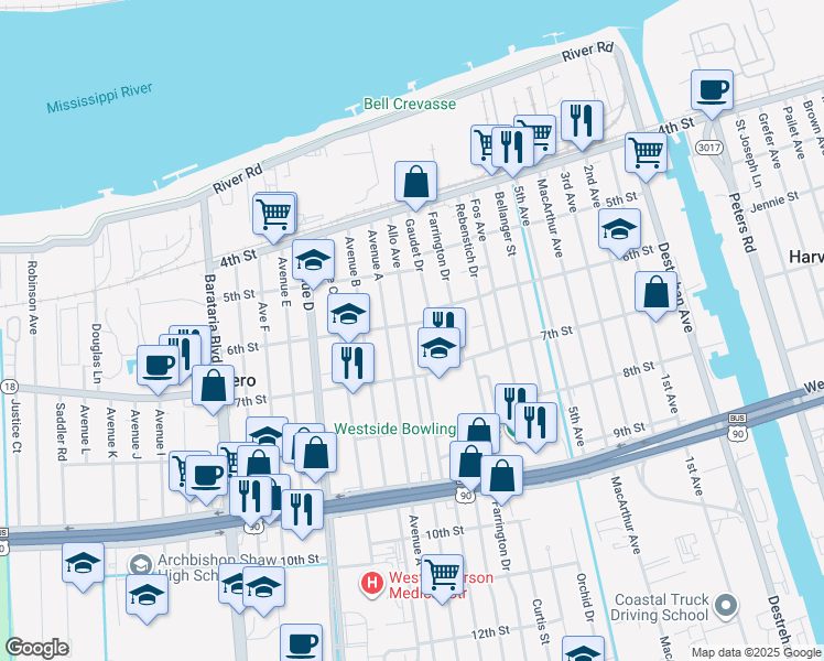 map of restaurants, bars, coffee shops, grocery stores, and more near 605 Allo Avenue in Marrero