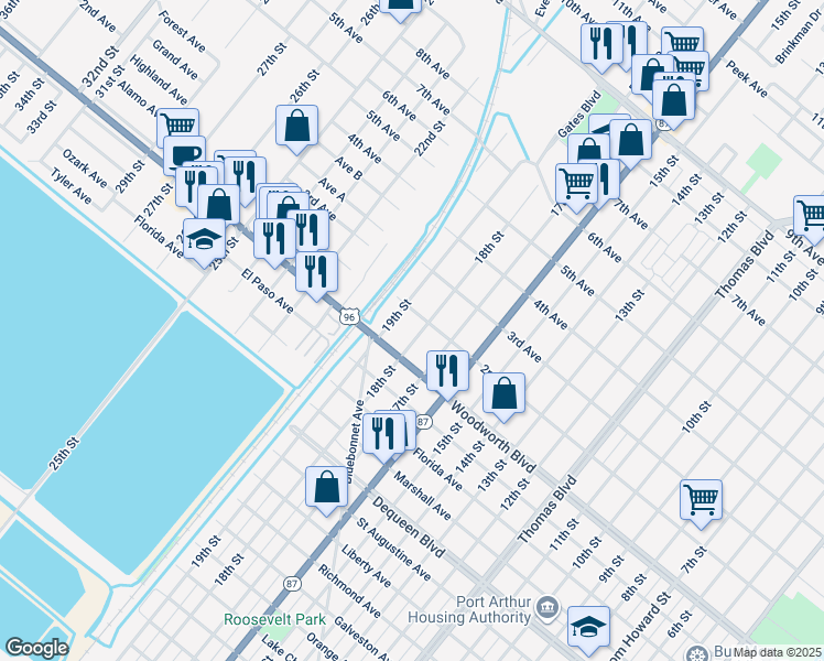 map of restaurants, bars, coffee shops, grocery stores, and more near 2931 18th St in Port Arthur