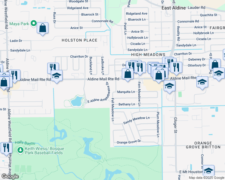 map of restaurants, bars, coffee shops, grocery stores, and more near 3503 Marquita Lane in Houston