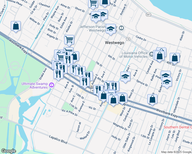 map of restaurants, bars, coffee shops, grocery stores, and more near 901 Avenue East in Westwego