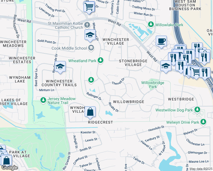 map of restaurants, bars, coffee shops, grocery stores, and more near 8714 Wheatland Dr in Houston