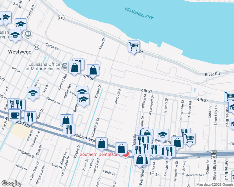 map of restaurants, bars, coffee shops, grocery stores, and more near 418 Jung Boulevard in Marrero