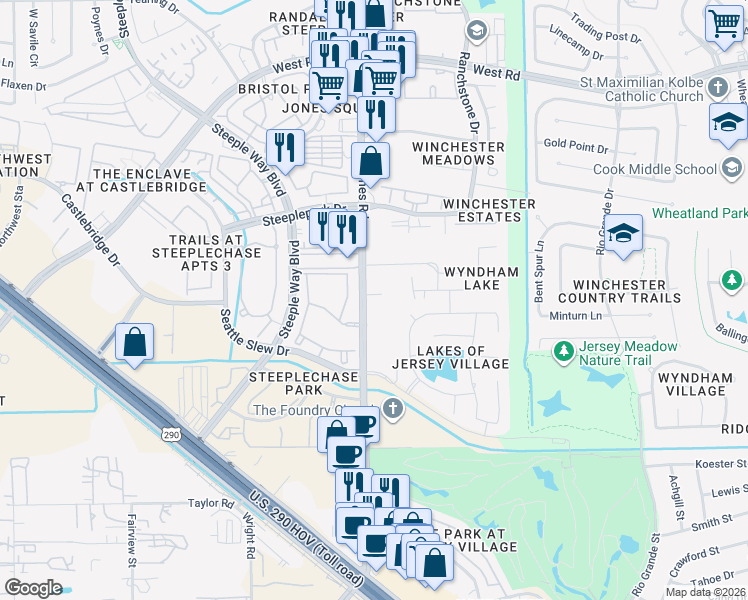 map of restaurants, bars, coffee shops, grocery stores, and more near 8714 Jones Road in Houston