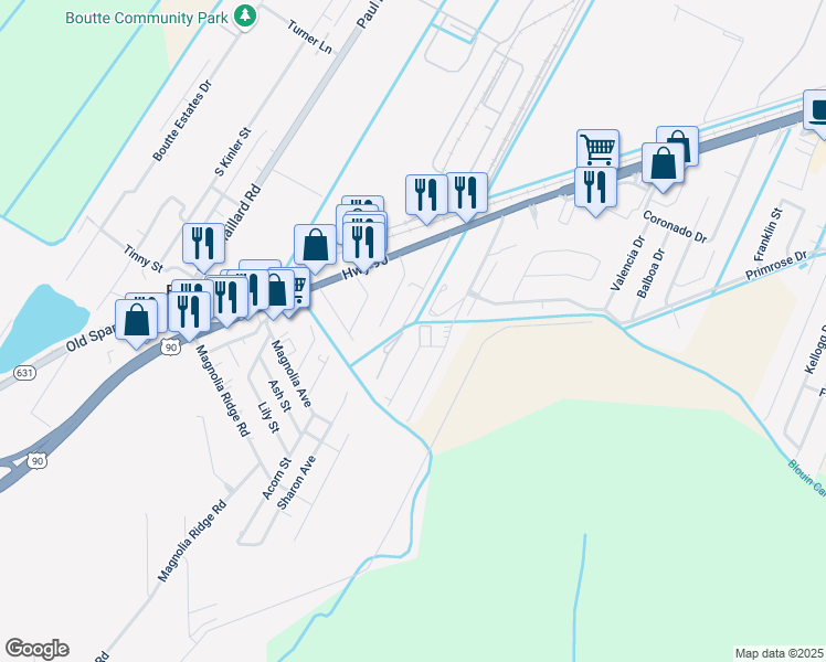 map of restaurants, bars, coffee shops, grocery stores, and more near 114 Faith Place in Boutte