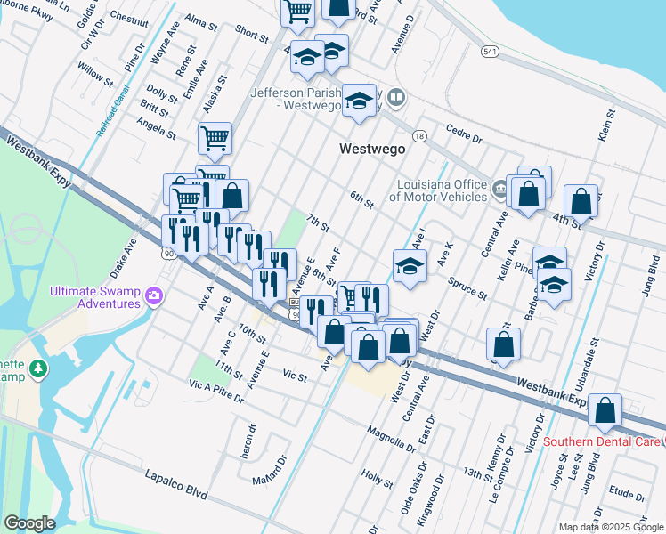 map of restaurants, bars, coffee shops, grocery stores, and more near 855 Avenue F in Westwego
