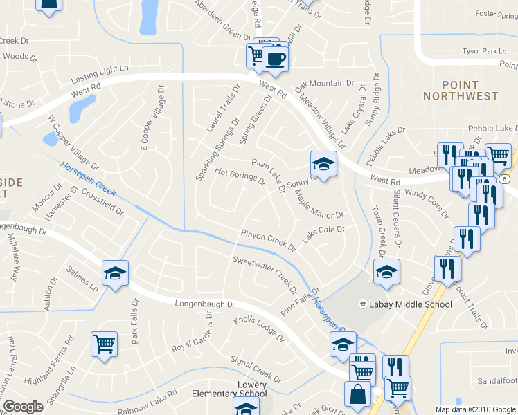 map of restaurants, bars, coffee shops, grocery stores, and more near 8118 Sunny Ridge Dr in Houston