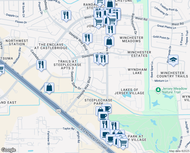 map of restaurants, bars, coffee shops, grocery stores, and more near 8655 Jones Road in Jersey Village