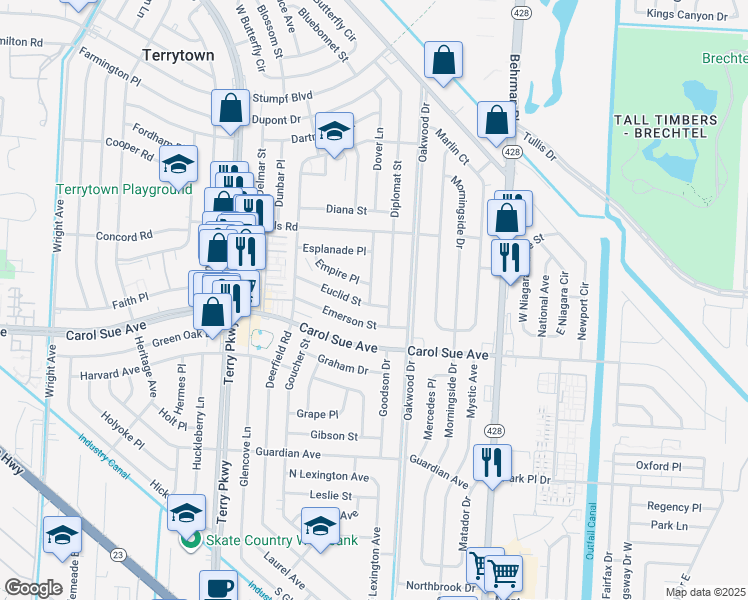 map of restaurants, bars, coffee shops, grocery stores, and more near 2175 Euclid Street in Gretna