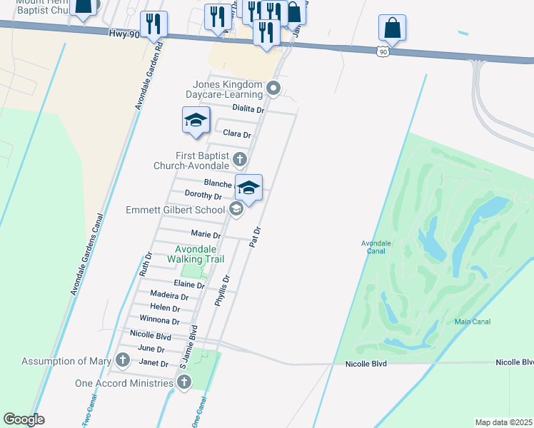 map of restaurants, bars, coffee shops, grocery stores, and more near 4505 Pat Drive in Avondale