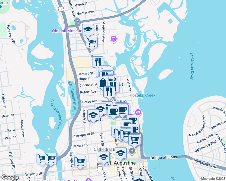 map of restaurants, bars, coffee shops, grocery stores, and more near 43 San Marco Avenue in St. Augustine