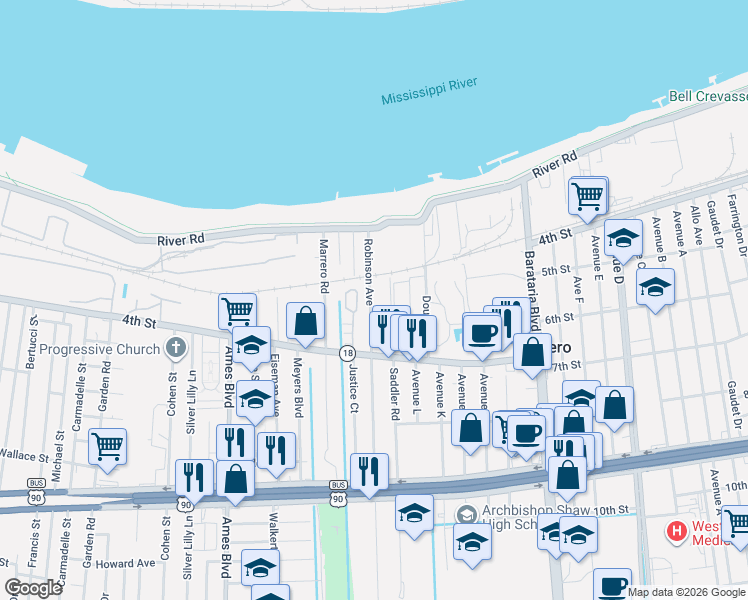 map of restaurants, bars, coffee shops, grocery stores, and more near 328 Robinson Avenue in Marrero