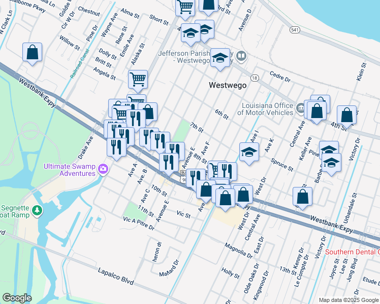 map of restaurants, bars, coffee shops, grocery stores, and more near 901 Avenue E in Westwego