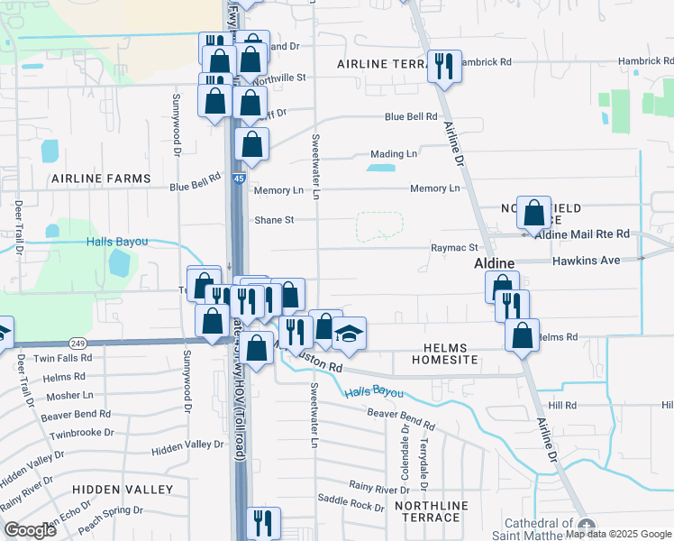 map of restaurants, bars, coffee shops, grocery stores, and more near 416 Turney Drive in Houston