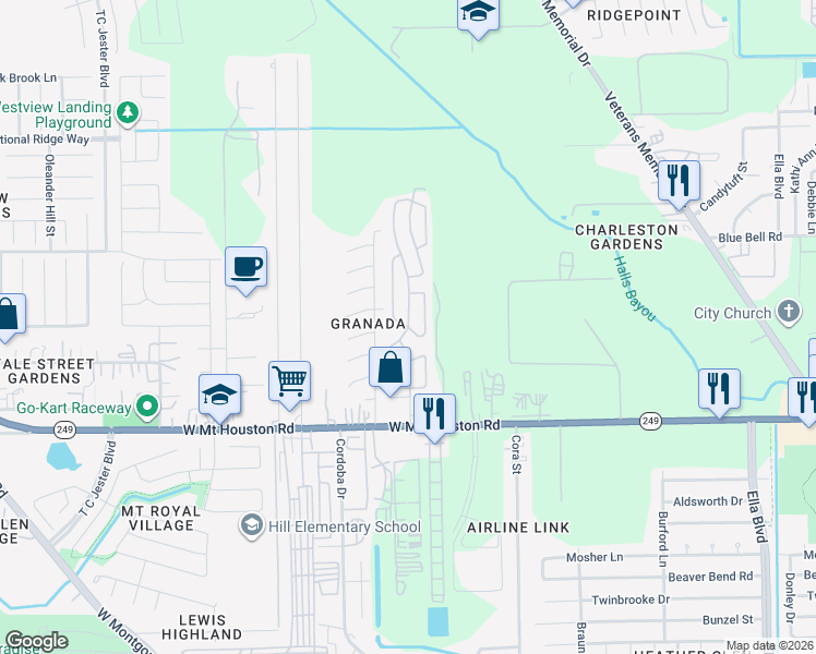 map of restaurants, bars, coffee shops, grocery stores, and more near Spur Ridge in Houston