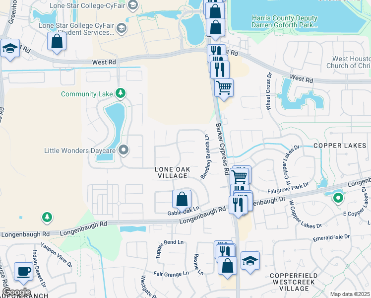 map of restaurants, bars, coffee shops, grocery stores, and more near 18018 Oak Orchard Lane in Cypress