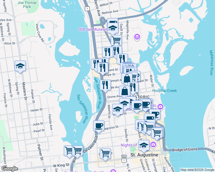 map of restaurants, bars, coffee shops, grocery stores, and more near 44 Rohde Avenue in St. Augustine