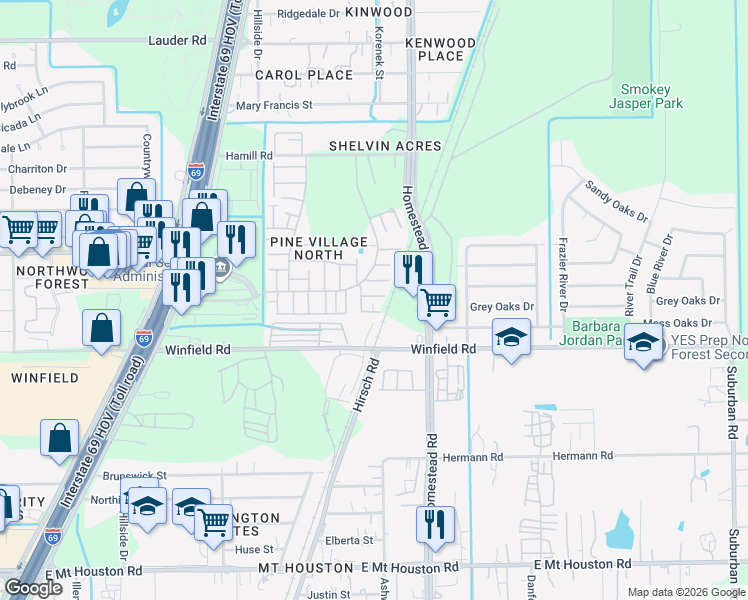 map of restaurants, bars, coffee shops, grocery stores, and more near 12242 Wild Pine Drive in Houston