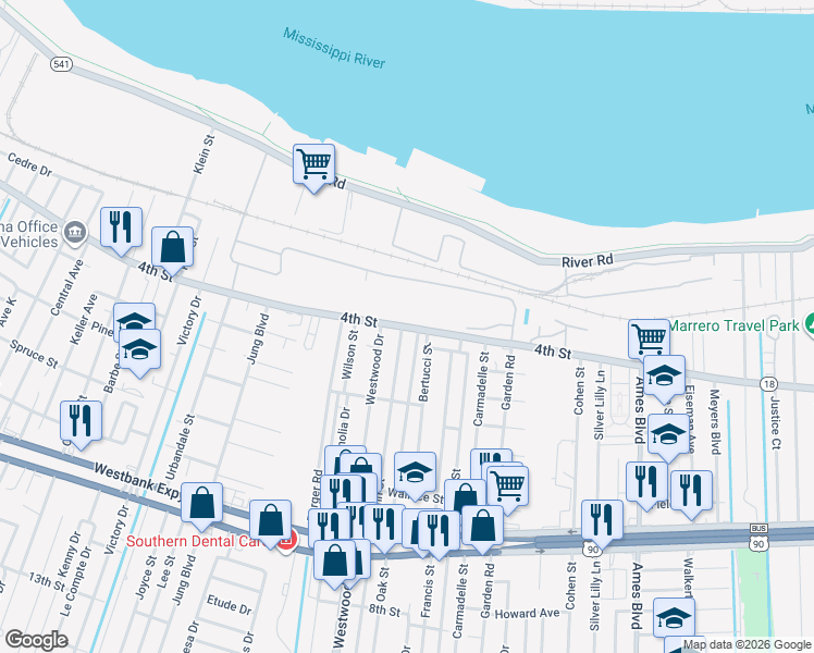 map of restaurants, bars, coffee shops, grocery stores, and more near 416 Saint Ann Street in Marrero