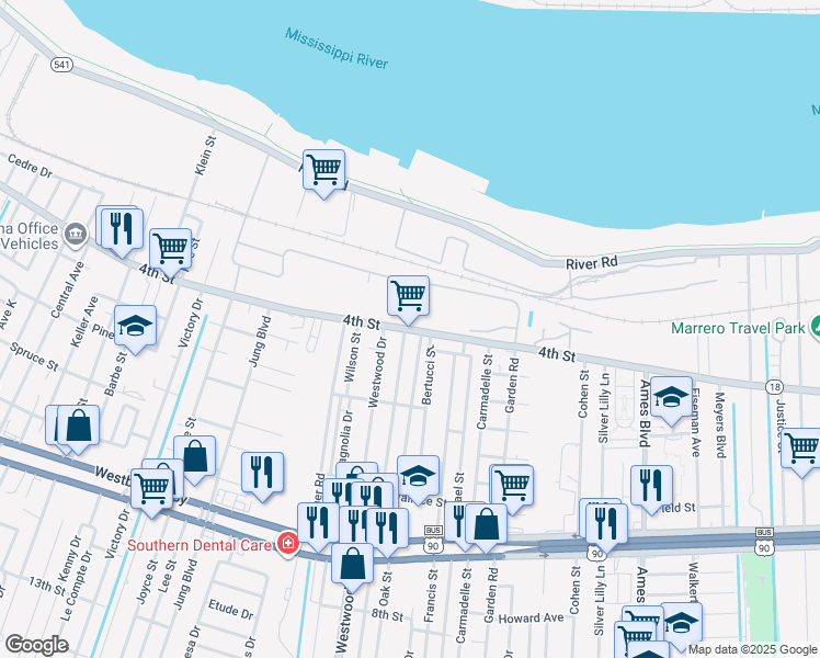 map of restaurants, bars, coffee shops, grocery stores, and more near 416 Saint Ann Street in Marrero