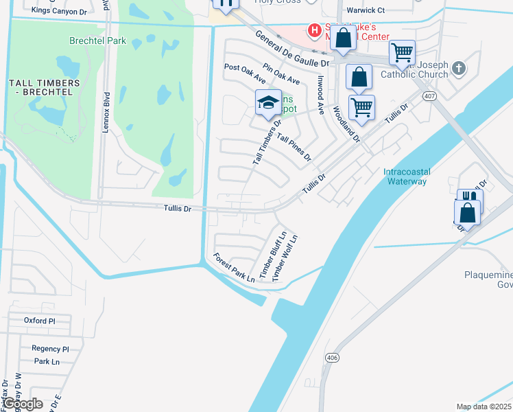 map of restaurants, bars, coffee shops, grocery stores, and more near 5366 Tullis Drive in New Orleans
