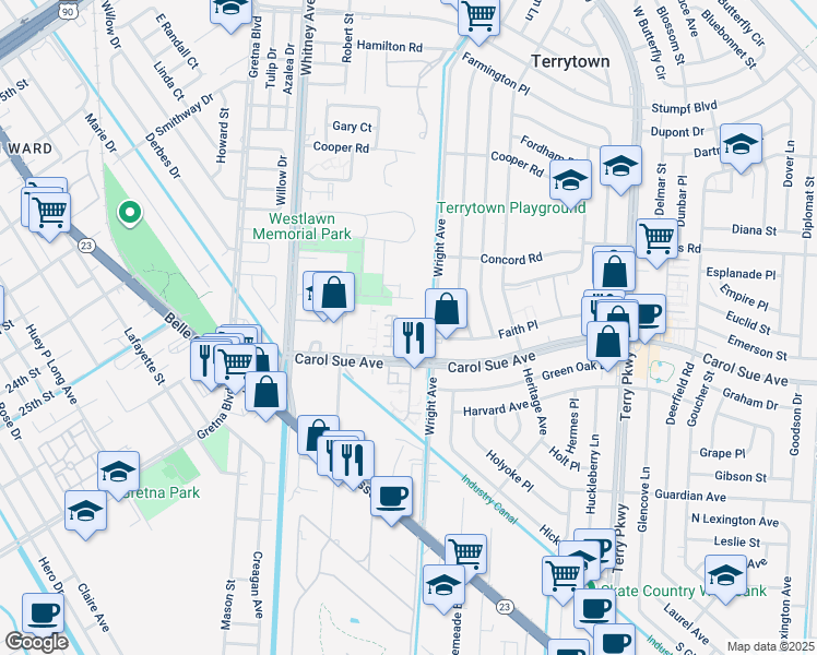 map of restaurants, bars, coffee shops, grocery stores, and more near 1645 Carol Sue Avenue in Terrytown