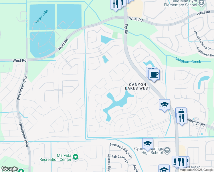 map of restaurants, bars, coffee shops, grocery stores, and more near 20706 Wagon Bridge Lane in Cypress