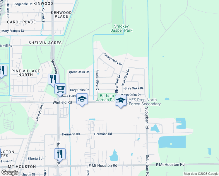 map of restaurants, bars, coffee shops, grocery stores, and more near 6511 Grey Oaks Drive in Houston