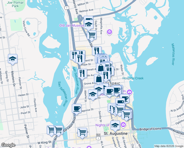 map of restaurants, bars, coffee shops, grocery stores, and more near 26 Rohde Avenue in St. Augustine