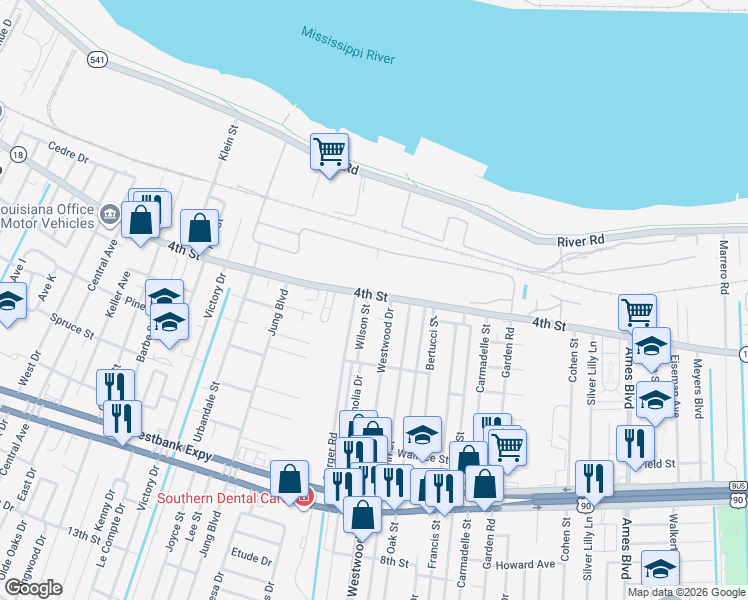 map of restaurants, bars, coffee shops, grocery stores, and more near 7113 4th Street in Marrero
