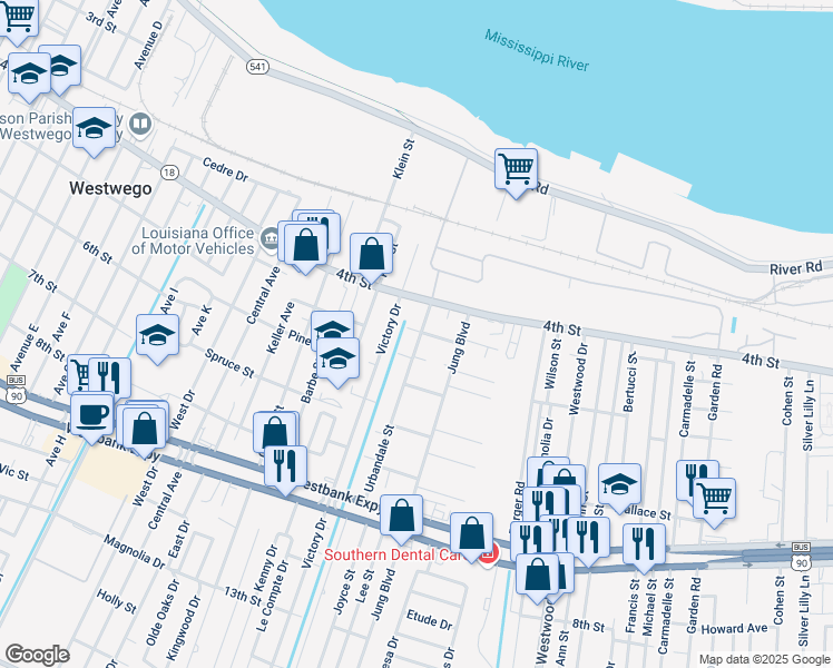 map of restaurants, bars, coffee shops, grocery stores, and more near 504 Urbandale Street in Marrero