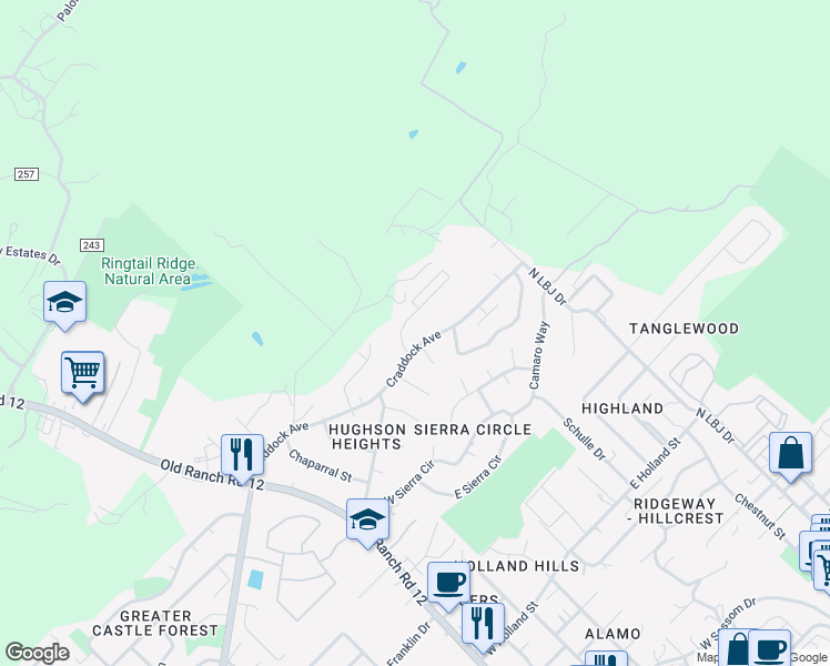 map of restaurants, bars, coffee shops, grocery stores, and more near 205 Craddock Avenue in San Marcos