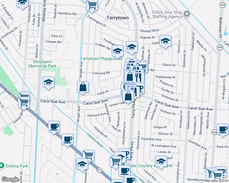 map of restaurants, bars, coffee shops, grocery stores, and more near 1932 Faith Place in Terrytown