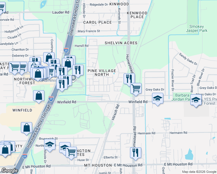 map of restaurants, bars, coffee shops, grocery stores, and more near 12222 Wild Pine Drive in Houston