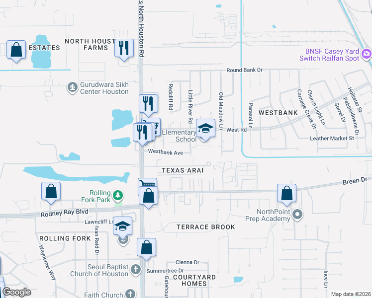 map of restaurants, bars, coffee shops, grocery stores, and more near 8214 Westbank Avenue in Houston