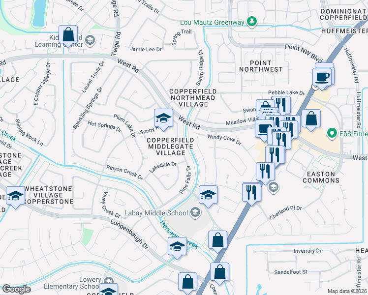 map of restaurants, bars, coffee shops, grocery stores, and more near 8402 Pine Falls Drive in Houston