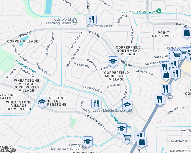 map of restaurants, bars, coffee shops, grocery stores, and more near 8315 Plum Lake Drive in Houston