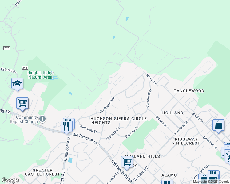 map of restaurants, bars, coffee shops, grocery stores, and more near 210 Craddock Avenue in San Marcos